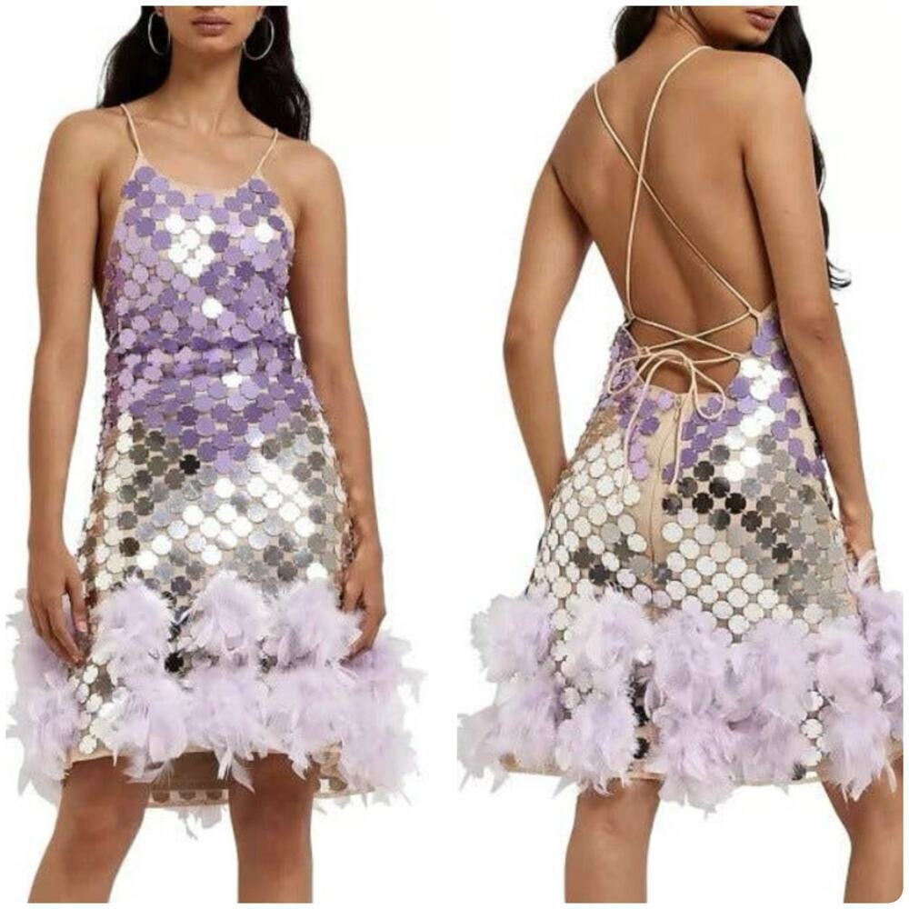 River Island Sequin Disc Faux Feather Backless Dress US Size 4 UK 8 NWT